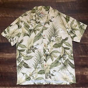 Paradise Found green Hawaiian floral button front vacation resortwear shirt L
